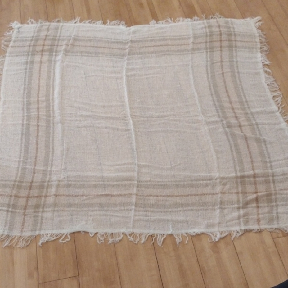 Vintage made in Japan Cream and Tan Checkered Scarf with Fringe